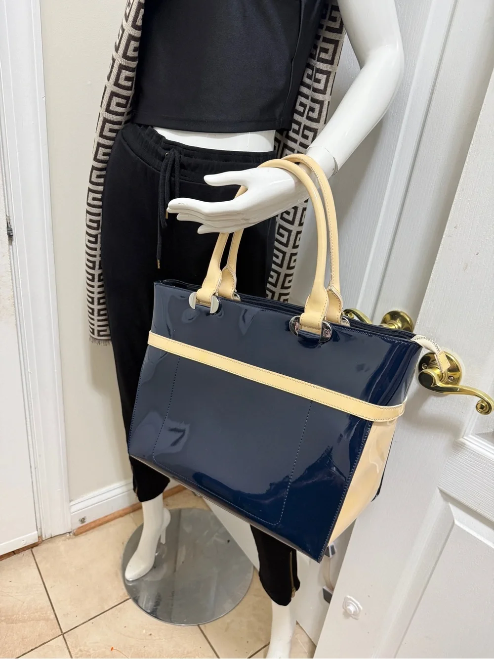 L.K Baanet Italian Patent Navy and Cream Tote Handbag